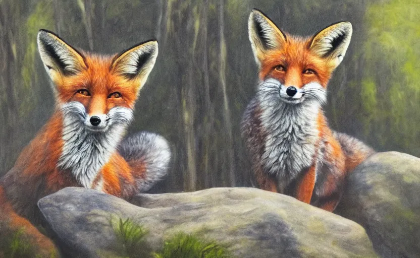 Prompt: a highly detailed fox sitting on a rock in the woods looking at the camera while the sun is shining, oil painting