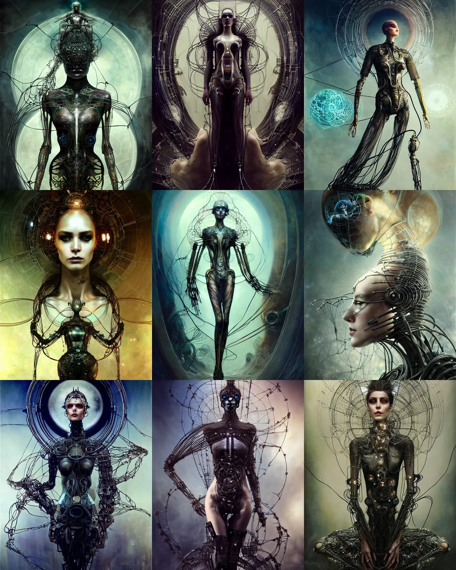 Prompt: karol bak and tom bagshaw and bastien lecouffe - deharme full body character portrait of a supermodel as the borg queen of parasitic glitchcore rebirth, floating in a powerful zen state, beautiful and ominous, wearing combination of mecha and bodysuit made of wires and etched ceramic, machinery enveloping nature in the background, scifi character render