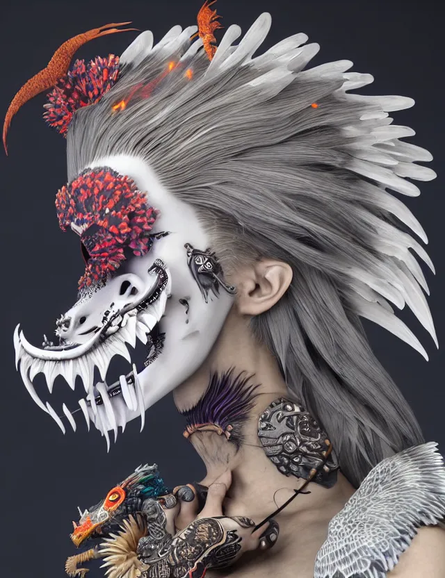 Image similar to 3 d goddess close - up profile simple portrait punk with mohawk with tiger skull. beautiful intricately detailed japanese crow kitsune mask and clasical japanese kimono. betta fish, jellyfish phoenix, bio luminescent, plasma, ice, water, wind, creature, artwork by tooth wu and wlop and beeple and greg rutkowski