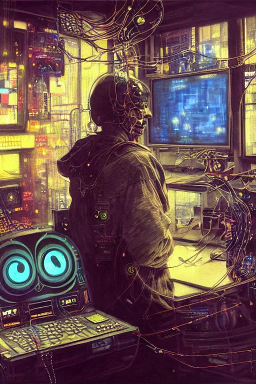 Prompt: hyperrealist portrait of pac man, it is decorated with long wires and computer monitors on their body in the cyberpunk office background. by jeremy mann and alphonse mucha, fantasy art, photo realistic, dynamic lighting, artstation, poster, volumetric lighting, very detailed faces, 8 k, award winning
