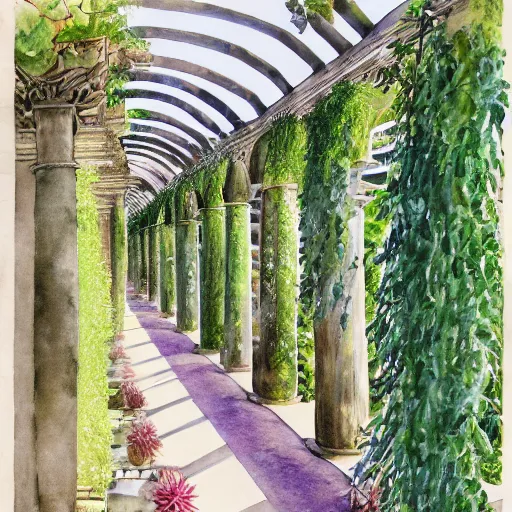 Image similar to delicate garden on paper, floating robes, puffy, vines, botanical herbarium, botanic watercolors, coastline, iridescent, 8 k wide angle, realistic shaded, fine details, artstation, italian, rainbow, colonnade, oak, pinecone, gardena architecture, pompeii, naples, sicilian, boundary wall