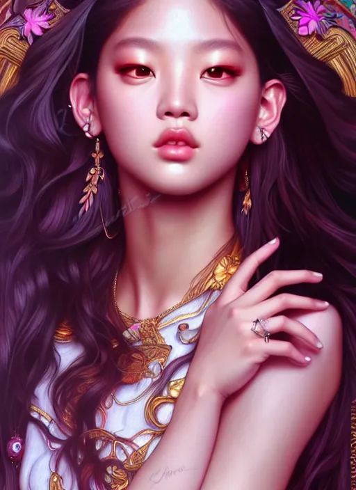 Image similar to jennie of blackpink, goddess of the moon, highly detailed, digital painting, smooth, sharp focus, illustration, ultra realistic, unreal engine, 8 k, art by artgerm and alphonse mucha