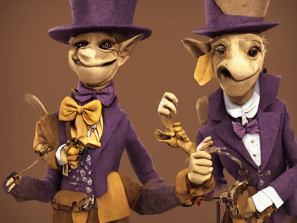 Image similar to an anthropomorphic donkey dressed up as Willy Wonka, digital art, trending on artstation, highly detailed