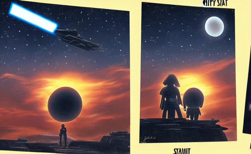 Image similar to star wars binary sunsets in a ghibli realistic style