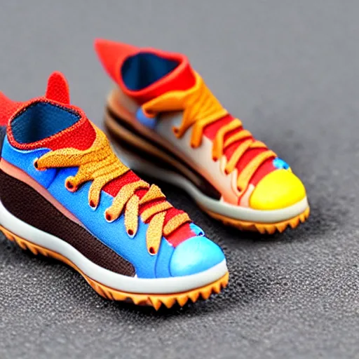 Image similar to realistic scultpure of plastic toy sneaker! design, sneaker design overwatch botw fantasy style mixed with aztec mayan native street fashion, focus on sneakers only, shoes designed by akira toriyama and studio ghibli