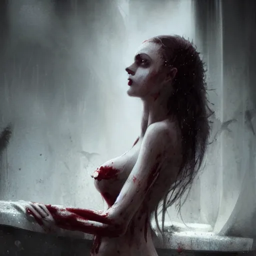 Image similar to photography of beautiful female vampire bathing a bathtub of blood, concept art by greg rutkowski and luis royo, dark and eloquent environment, highly detailed portrait, digital painting, artstation, concept art, smooth, sharp focus illustration, artstation hd