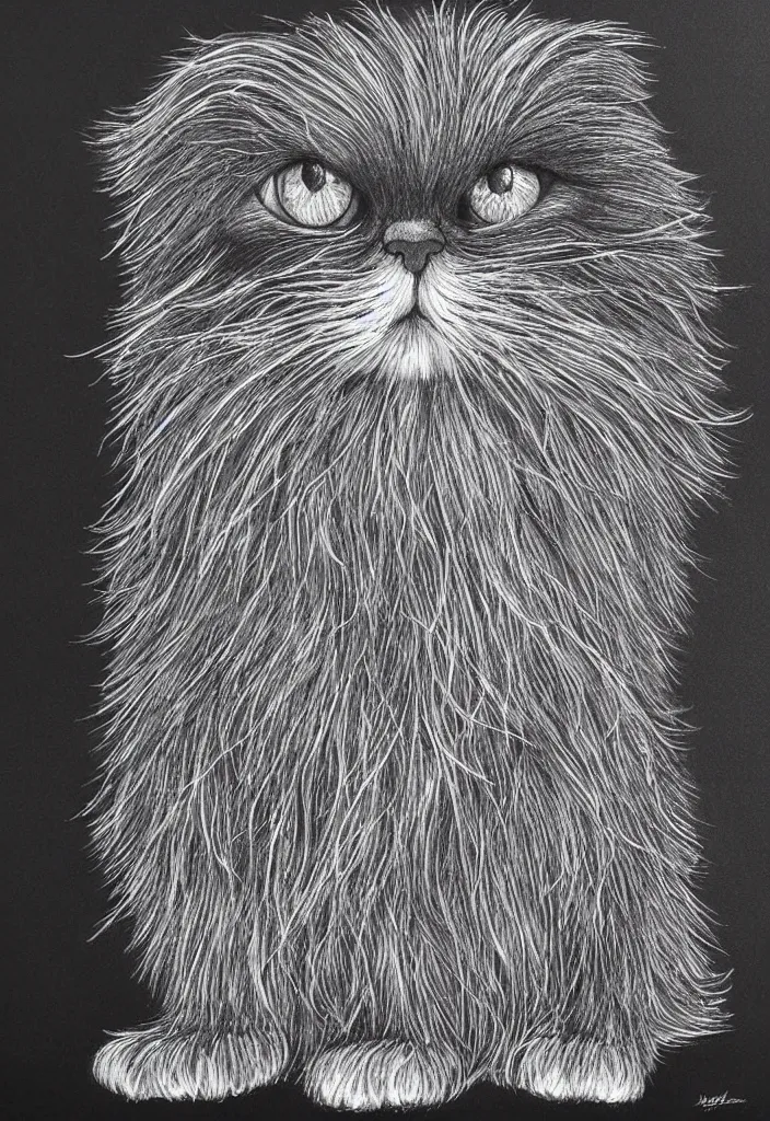 Prompt: longhair floof fluffy coiffed groom elegant gorgeously champion cute pretty scottish fold, radiant line art pen and ink and paint, grisaille dark monochrome with neon fluorescent color airbrush spraypaint accents, by jules julien, wes anderson, lisa frank