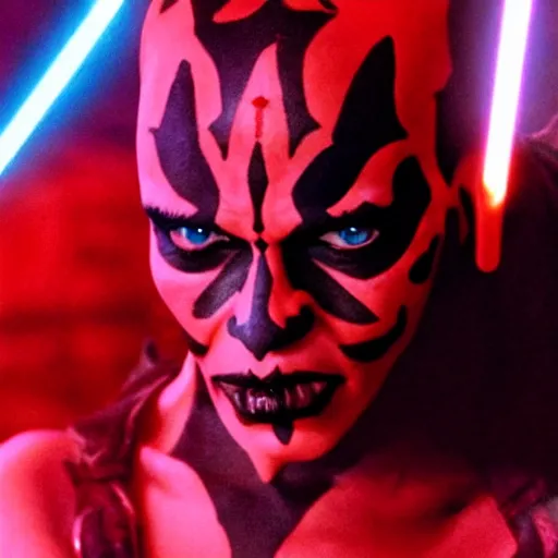 Image similar to Pamela Anderson as Darth Maul, cinematic, 8k, ominous