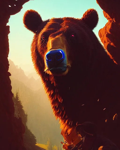 Image similar to highly detailed surreal vfx portrait of a cattlepunk bear, stephen bliss, unreal engine, greg rutkowski, loish, rhads, beeple, makoto shinkai and lois van baarle, ilya kuvshinov, rossdraws, tom bagshaw, alphonse mucha, global illumination, detailed and intricate environment