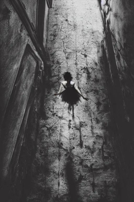 Image similar to dark ballerina, emil melmoth, concept art, deviantart, dark, 3 5 mm, chiaroscuro, surrealist, victorian, mist, dark down a basement stairs see from above