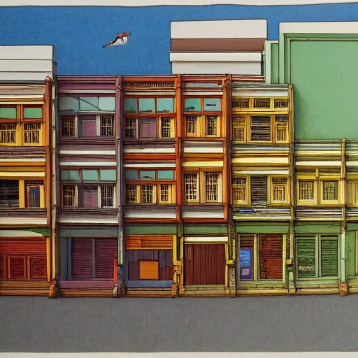 Prompt: a row of shophouses in singapore, art by moebius