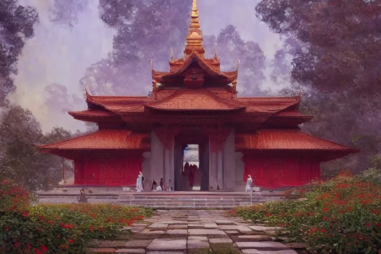 Image similar to temple. buddhism, impressionnisme, painting by greg rutkowski, artgerm, claude monet