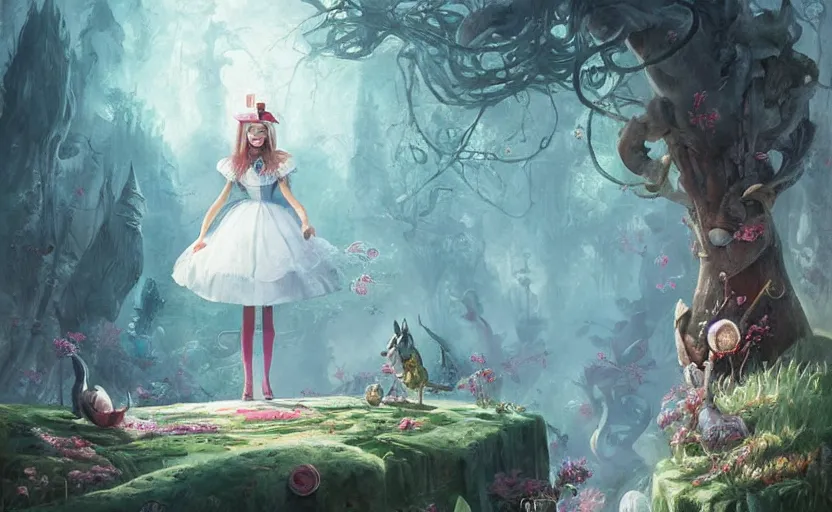 Image similar to a painting of alice in wonderland trending on artstation in the style of greg rutkowski