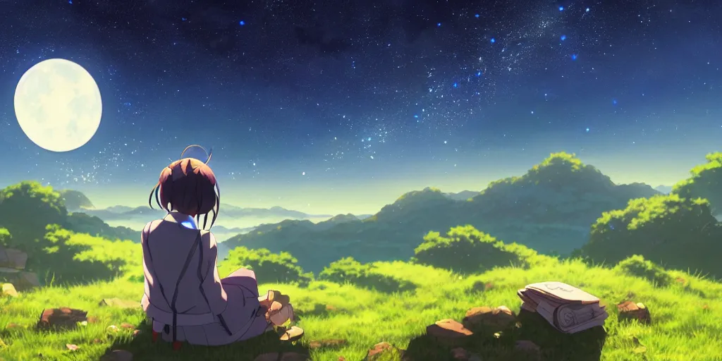 Prompt: a schoolgirl girl sat on the hillside and looked at the stars in the night sky, beautiful moonlight, rich vivid colors spectacular milky way, shining meteor, pale blue light from the moon, ambient lighting, dynamic lighting, official media, anime key visual, detailed, artwork by makoto shinkai. - h 5 7 6