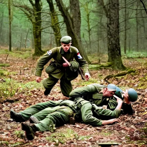 Prompt: ww 2 battlefield encounter in the woods between 2 american soldiers and a german soldier fighting for their lives