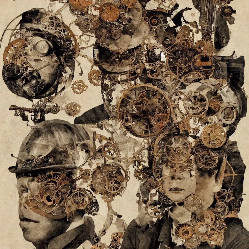 Image similar to steampunk boy with a super detailed and intricate mask, collage in the style of hannah hoch