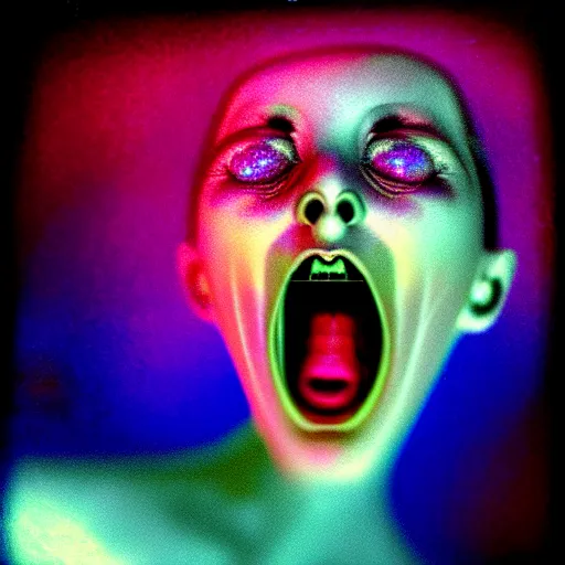 Prompt: grainy color polaroid of a beautiful feminine alien screaming while being consumed by darkness, iridescent eyes, dreamlike, digital art, ultra realistic, photorealism, intricate detail, sigma 85mm f/1.4, 4k, hd