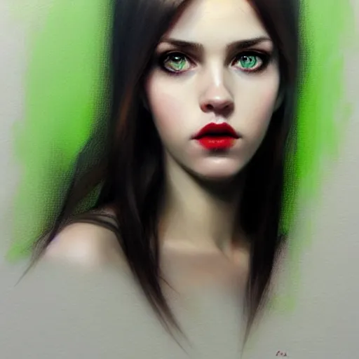 Prompt: a realistic illustration portrait of a beautiful cute girl with wavy black red hair, a pointy nose and, round chin black eyeliner, green pupills, trending on artstation, hyper - realistic lighting, intricate by casey baugh