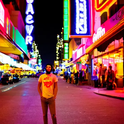 Prompt: guy chilling at late night, neon city