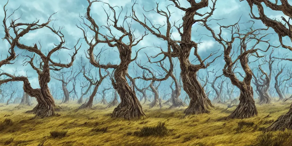 Prompt: swaths of dead windswept trees (no soil), high quality fantasy art, 4k