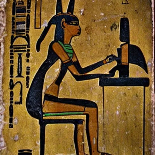 Image similar to ancient egyptian art of anubis working on a computer