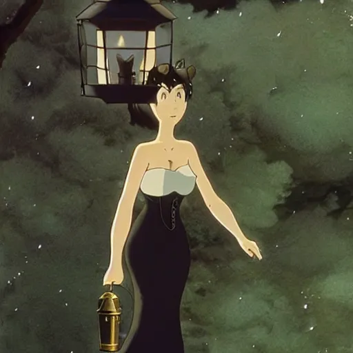 Prompt: a woman in a black corset holding a lantern at night, a screenshot by studio ghibli, tumblr, symbolism, mystical, enchanting, fantasy film