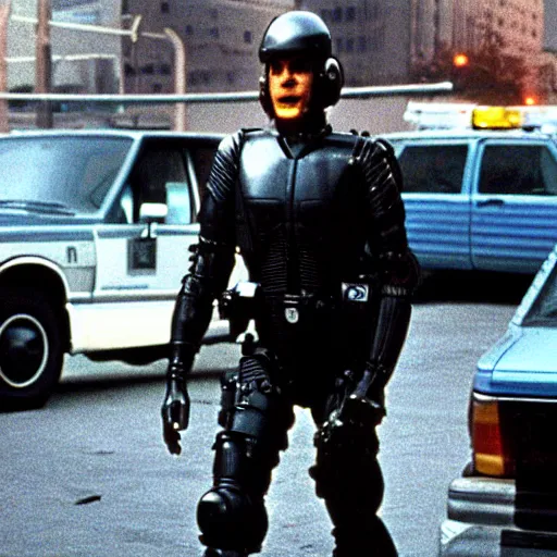 Image similar to Environment = Detroit 1987, only one cop part man part machine can stand up to crime - Cyborg Cop, Character = Cyborg Cop who is a cybernetic organism part human part machine, all justice, Style = Ultra Realistic, VHS film, Total Recall, Das Boot, Starship Troopers, cinematography by Jost Vacano, Composure = Establishing shot, Exterior Shot, Cinematic Film, 4k