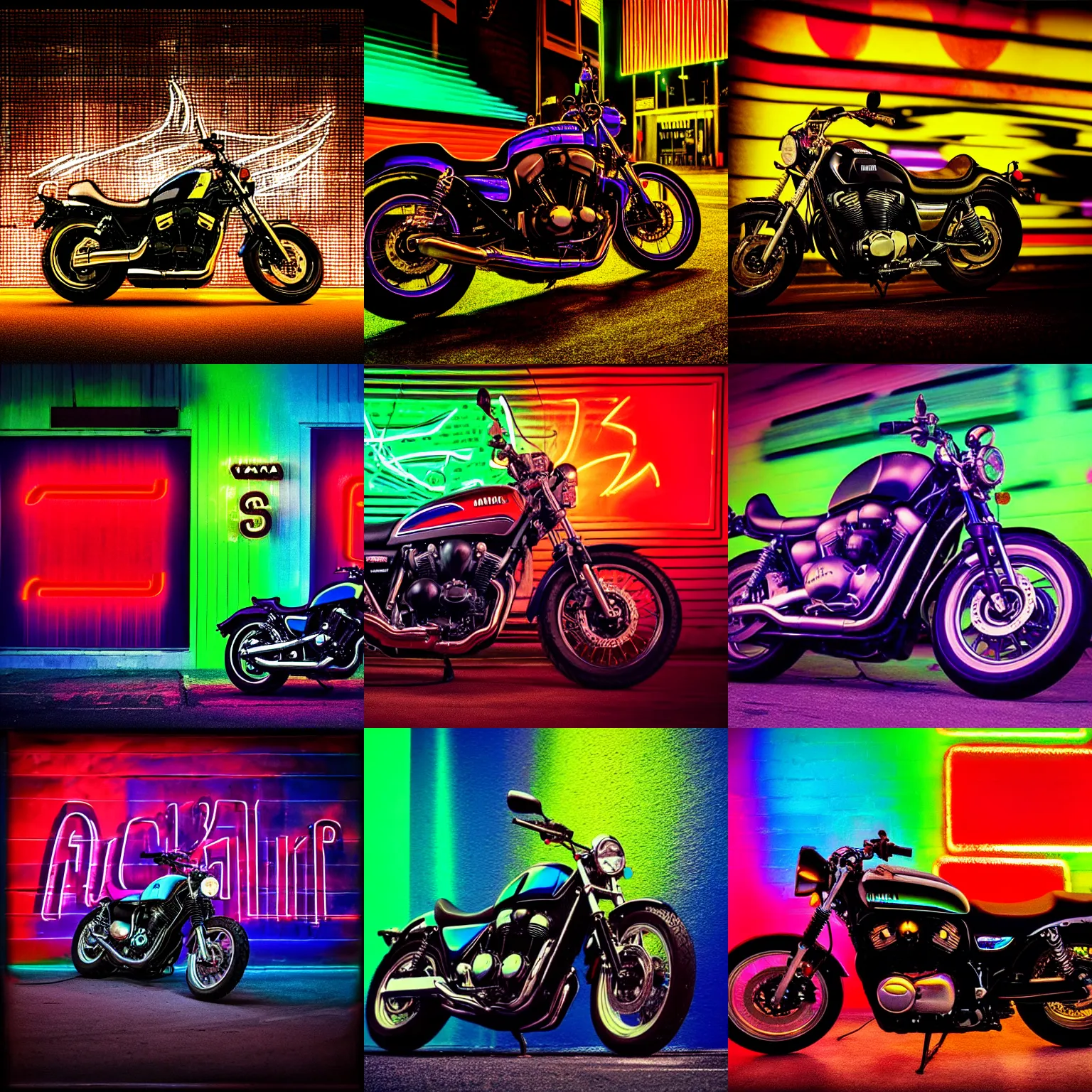 Prompt: grainy album cover of a Yamaha XV950/R in front of a neon graffity wall at night, dual tone lighting, motion blur, chromatic aberration, atmospheric