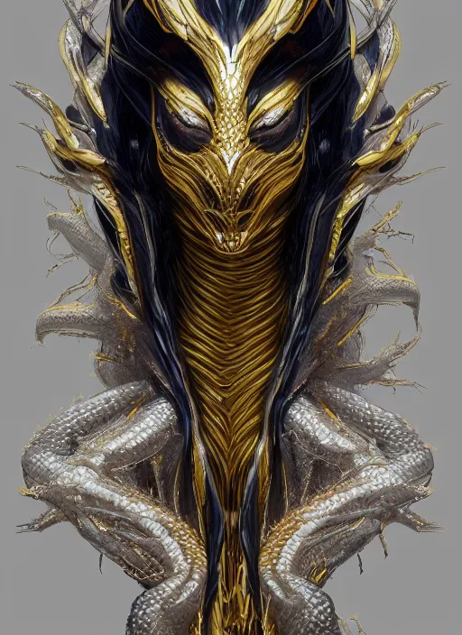 Image similar to female white and gold venom, naturel, hyper detailed, digital art, trending in artstation, cinematic lighting, studio quality, smooth render, unreal engine 5 rendered, octane rendered, art style by klimt and nixeu and ian sprigger and wlop and krenz cushart