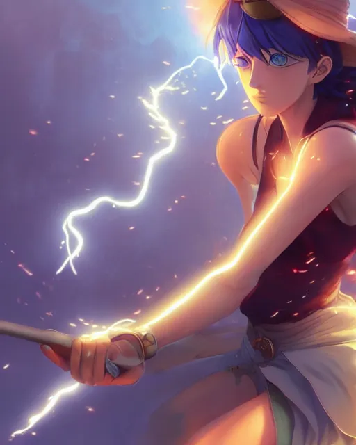 Image similar to the goddess of lightning, full shot, atmospheric lighting, detailed face, one piece style, by makoto shinkai, stanley artgerm lau, wlop, rossdraws