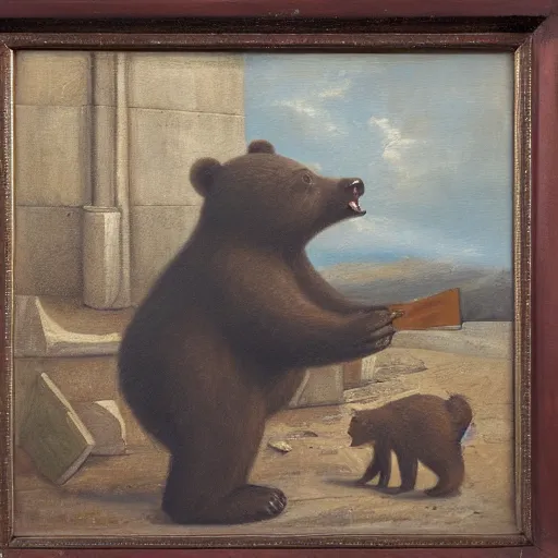 Image similar to oil painting of a socialist bear vowing to take down capitalism