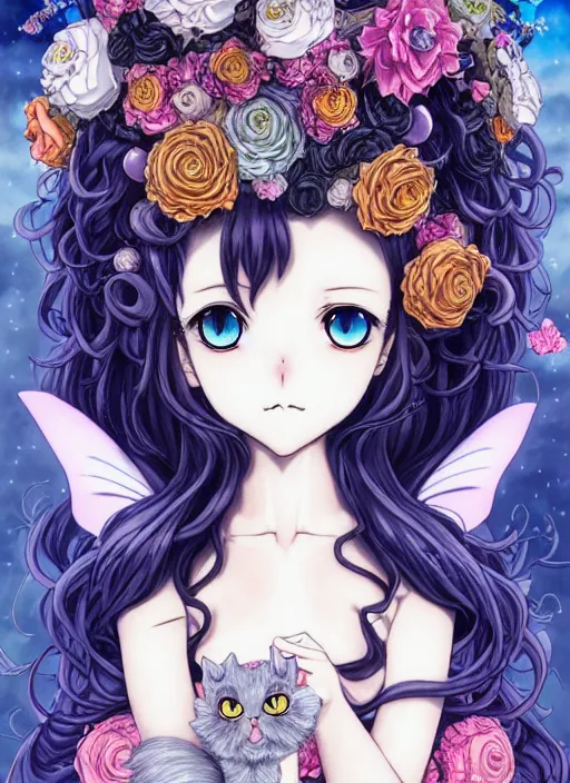 Image similar to manga character design of beautiful cat girl witch with a robot, curls hair, rococo ruffles dress, rosette, symmetrical face, cute, fairy, by kelly mckernan, mai yoneyama, takeshi obata, katsuhiro otomo, detailed background, illustration, artstation, concept art, highly detailed, colorful, maximalist