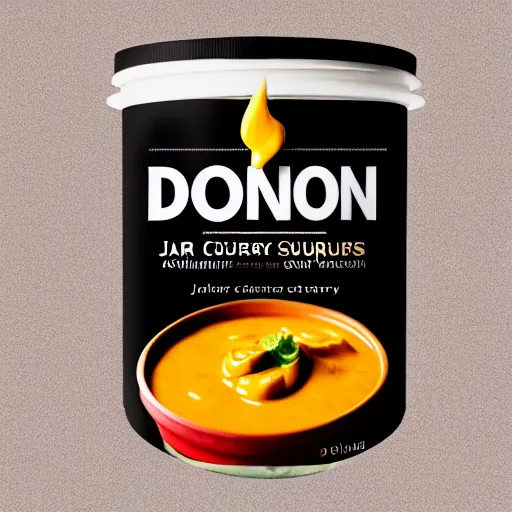 Image similar to Jar of Don Johnson's curry sauce, professional lighting, marketing photo advert, 8k