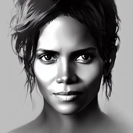 Image similar to “ portrait of halle berry by greg rutkowski, young, attractive, highly detailed portrait, scifi, digital painting, artstation, concept art, smooth, sharp foccus ilustration, artstation hq ”