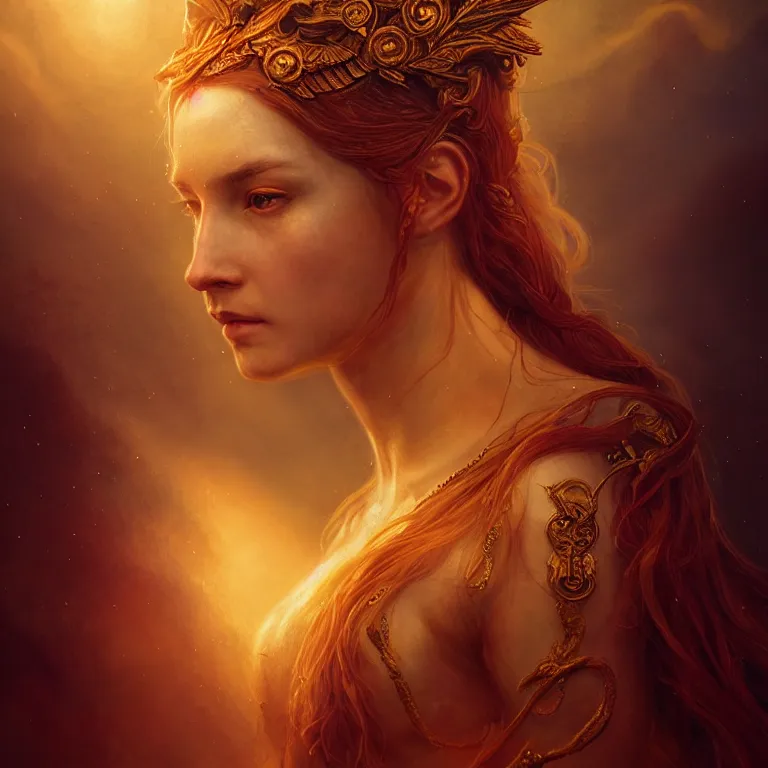 Image similar to majestic gracious regal goddess persephone portrait, ancient greece, elysium, atmospheric lighting, painted, intricate, volumetric lighting, beautiful, rich deep colours masterpiece, golden hour, sharp focus, ultra detailed, by leesha hannigan, ross tran, thierry doizon, kai carpenter, ignacio fernandez rios
