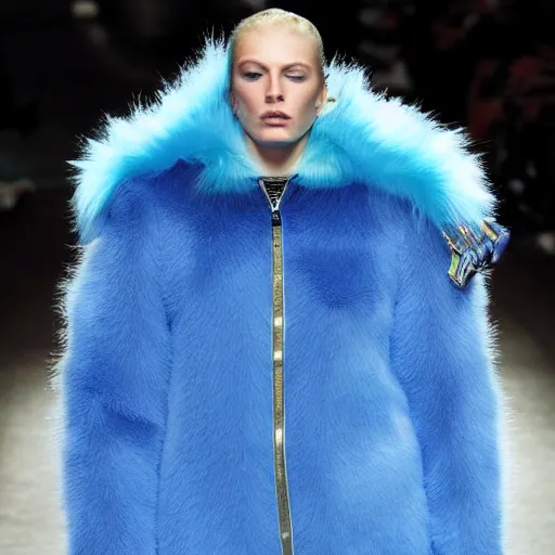 Prompt: an award - winning editorial photo of a nike jacket made of very fluffy blue faux fur : : with a reflective iridescent oversized collar, dramatic lighting, realistic, designed by alexander mcqueen