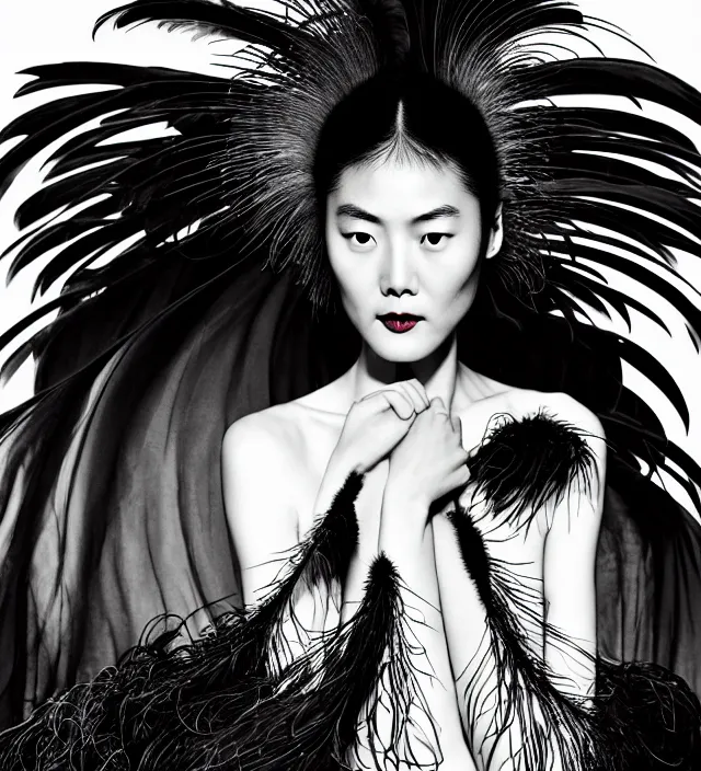 Image similar to photography film noir scene portrait starring liu wen, natural background, backlight lighting, natural fragile pose, great _ hairstyle, wearing stunning dress with feathers by iris van herpen, with a colorfull makeup. highly detailed, skin grain detail, photography by paolo roversi, amano, nick knight, helmut newton, avedon, araki