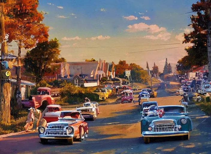 Prompt: small rural town in middle america 1950s hotrods driving down a street , vintage, high detail, golden hour, 8K, by John Berkey