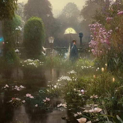 Image similar to a beautifull intricate garden, reflexions, raindrops, high details by william turner art, greg rutkowski and alphonse mucha, trending on artstation, very very detailed, masterpiece,