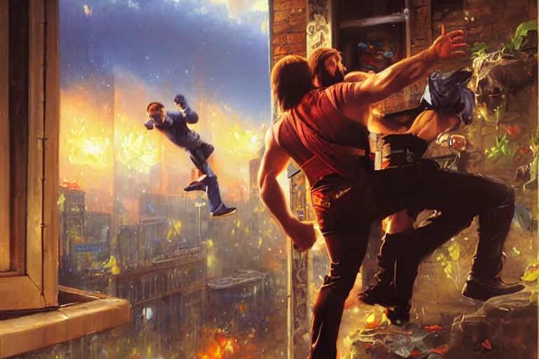 Image similar to chuck norris kicking a ninja out a window, an oil painting by ross tran and thomas kincade