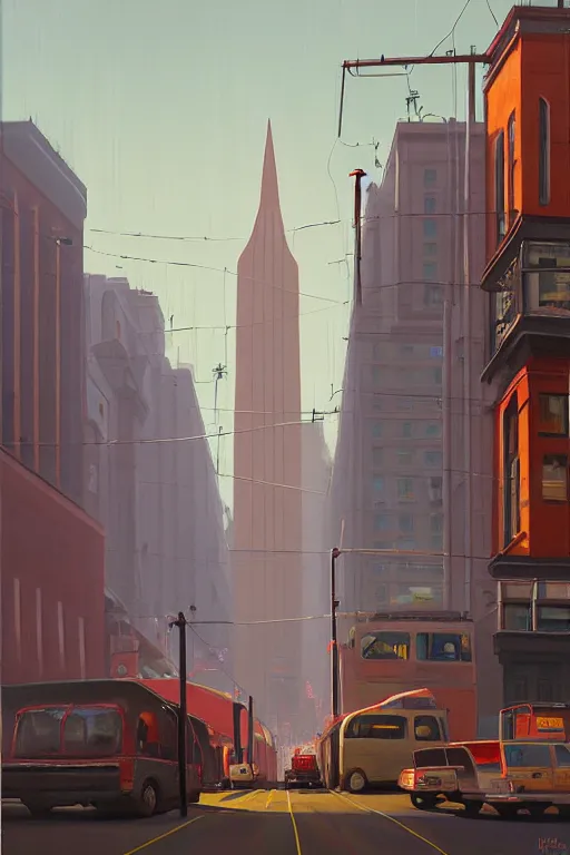 Prompt: Market Street, San Francisco; oil on canvas by Klaus Bürgle and Simon Stålenhag;