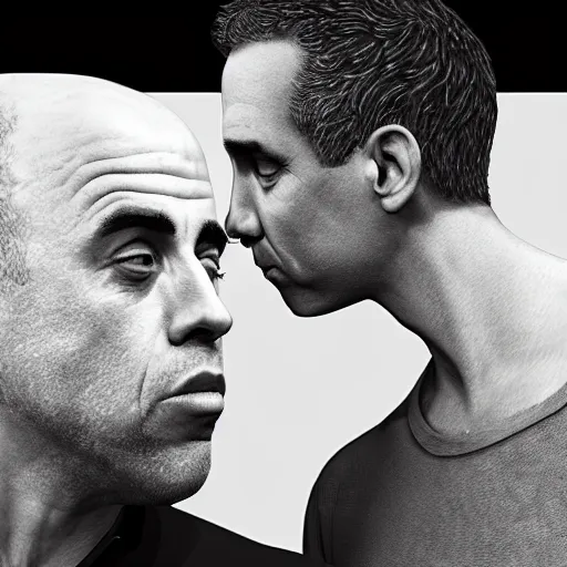 Image similar to Jordan Peterson and Joe Rogan kissing, photo, hyper-realistic, artstation, paparazzi, candid, photorealistic, 4k