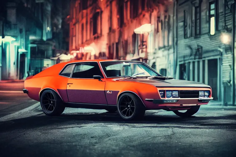 Image similar to widebody audi camaro b 1 ( 1 9 6 9 ), need for speed : carbon, at night, sci - fi, neon lines, lviv historic centre, phonk music background, smoke behind wheels, noise, dark, establishing shot, by simon stalenhag