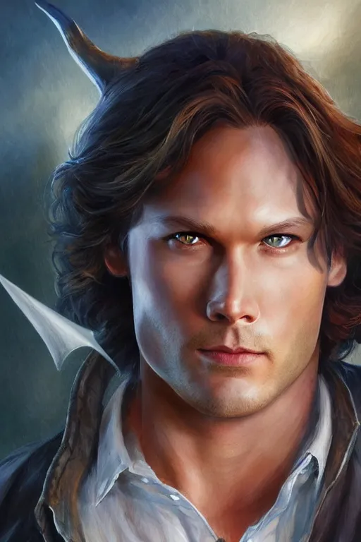 Prompt: front portrait of attractive sam winchester as a supernatural being, d & d!, fantasy style, sharp focus!, ultra detailed, art by artgerm and peter andrew jones, wlop