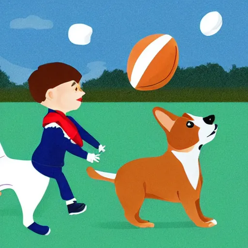 Image similar to illustration of french boy in paris playing football against a corgi, the corgi is wearing a polka dot scarf