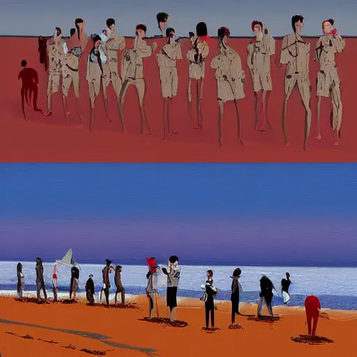 Image similar to This digital art depicts a scene from the Spanish Civil War, which was a time of great turmoil and strife in Spain. The digital art shows a group of people on a beach, with the ocean in the background. The people in the digital art are all different sizes and shapes, and they are all looking in different directions. The digital art is full of color and movement, and it is very expressive. The digital art is also very powerful and emotional, and it has a very strong impact on the viewer. by Linnea Strid amorphous, quiet