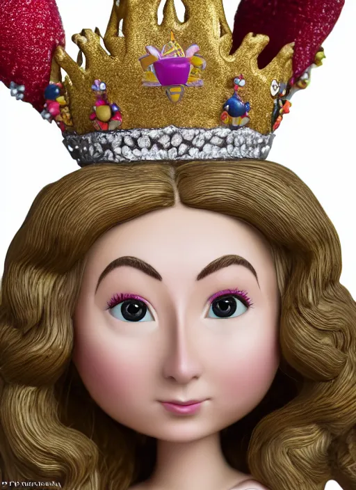 Image similar to closeup face profile portrait of tin toy felicity kendal as a fairytale princess wearing a crown eating cakes, bikini, depth of field, zeiss lens, detailed, symmetrical, centered, fashion photoshoot, by nicoletta ceccoli, mark ryden, lostfish, breathtaking, 8 k resolution, extremely detailed, beautiful, establishing shot, artistic, hyperrealistic, octane render