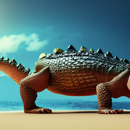 Prompt: a highly detailed beautiful crocodile wearing sunglasses with smooth and streamlined skin, doing an elegant pose on the beach, artstation, deviantart, professional, octane render