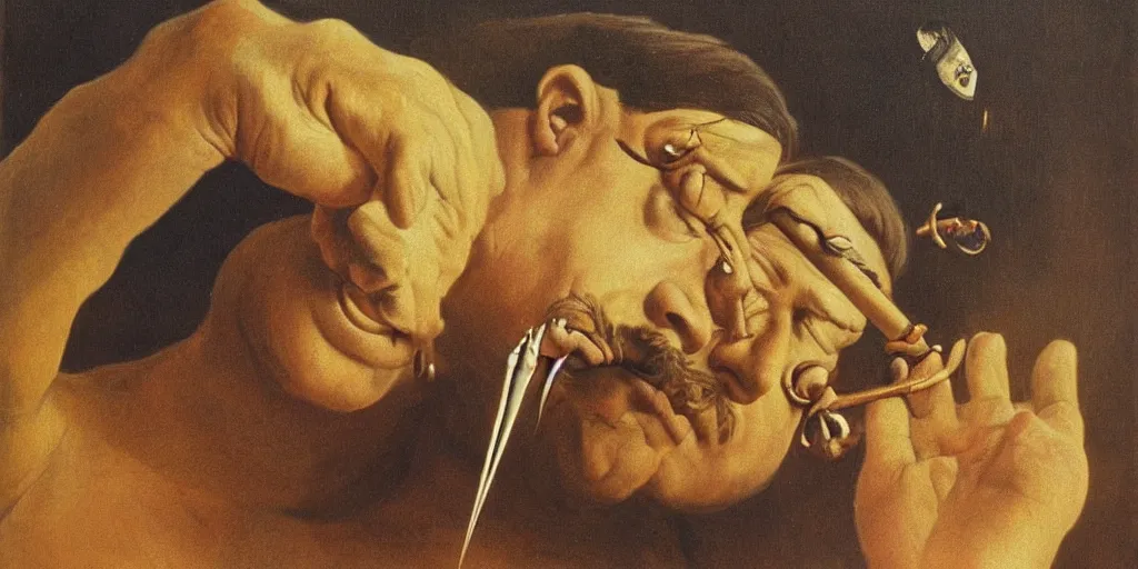 Prompt: a man removing a nail from his third eye by dali