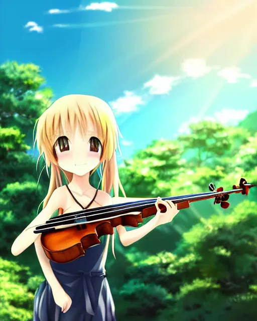 Image similar to anime style, realism, chibi, full body, a cute girl with white skin and golden long wavy hair holding a violin and playing a song, heavenly, stunning, realistic light and shadow effects, happy, centered, landscape shot, happy, simple background, studio ghibly makoto shinkai yuji yamaguchi